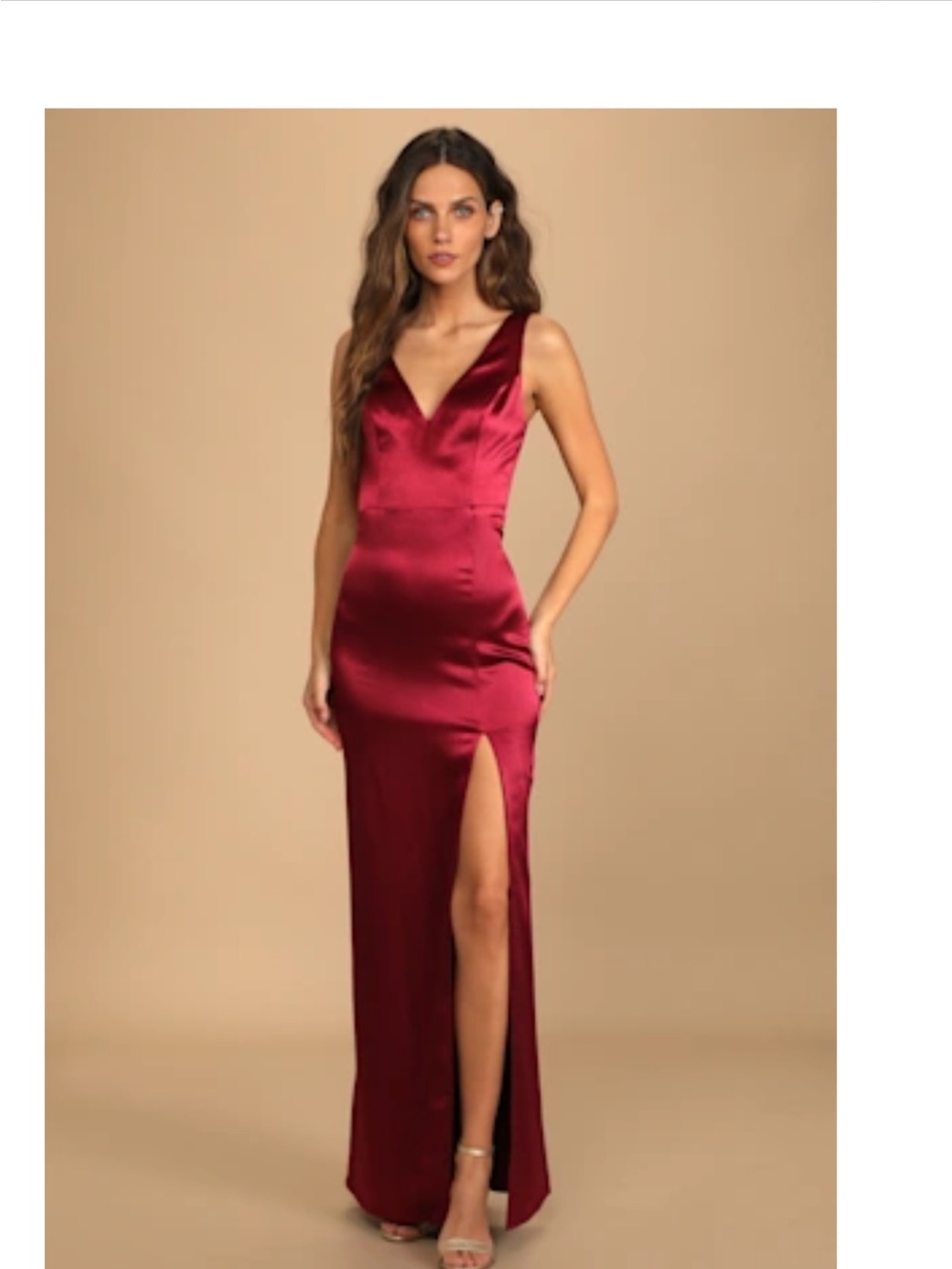Lulu's Satin V-Neck Burgundy Maxi Dress with High Slit